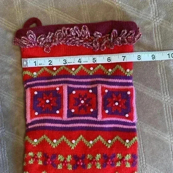 Crochet Christmas Stocking with Breading.  Red with Pink, Purple, Green & White. - Picture 9 of 9
